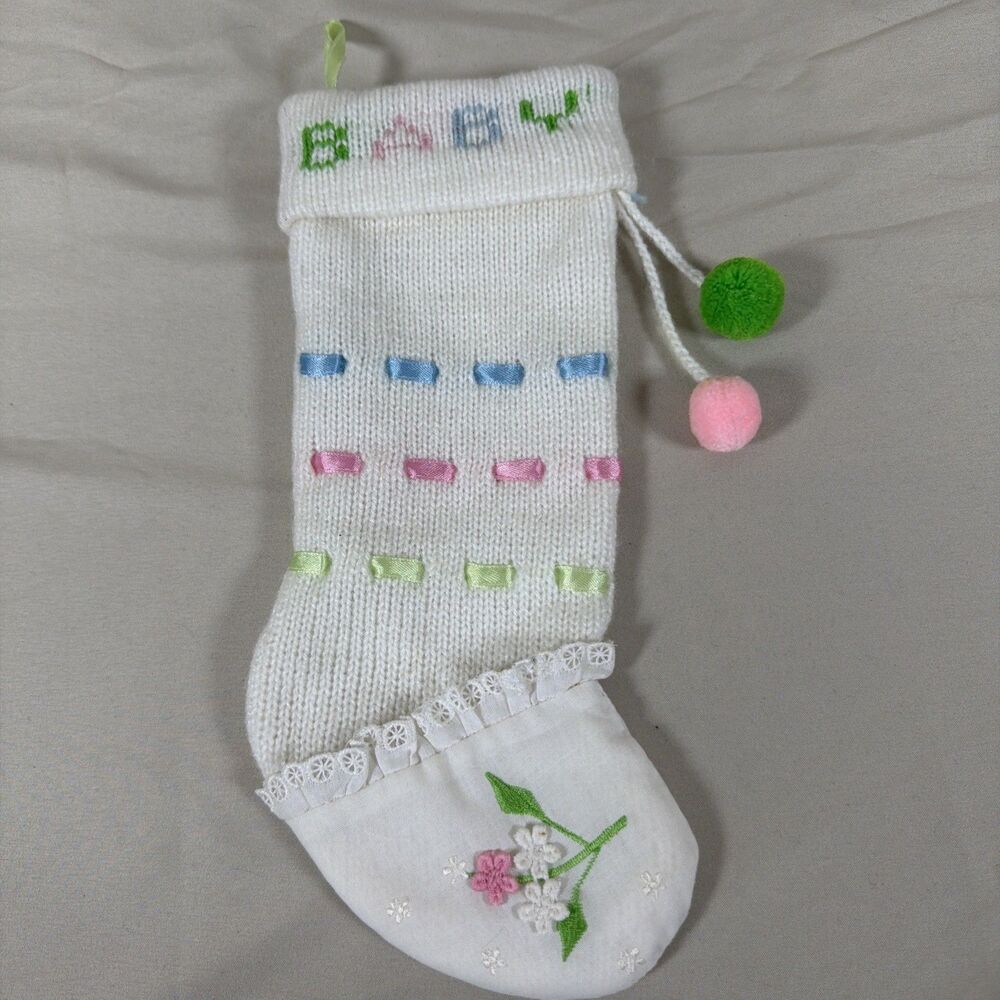 Vintage White Knit Baby Christmas Stocking Embroidered BABY Pastel Ribbons